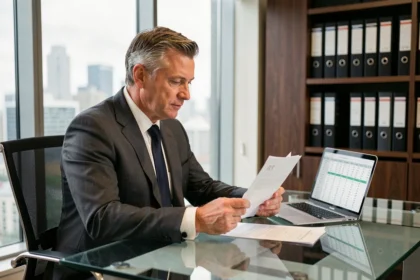 Conseiller financier analysant des documents sur les taux d'emprunt immobilier en 2026 dans un bureau moderne
