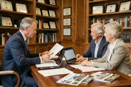 Conseiller en gestion de patrimoine rencontrant un couple dans un bureau bancaire privé haut de gamme pour discuter de stratégies financières globales