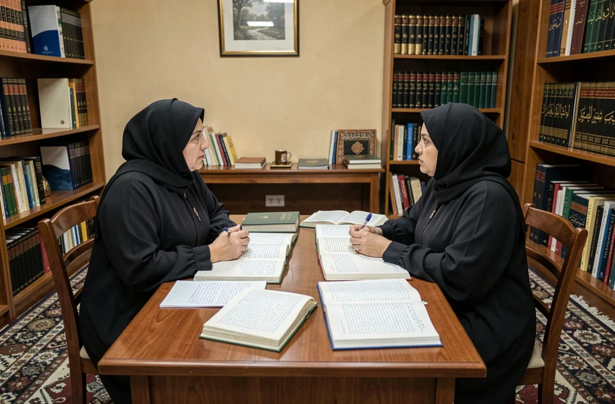 Femme musulmane consultant une érudite islamique sur la question du voyage sans mahram dans une bibliothèque islamique