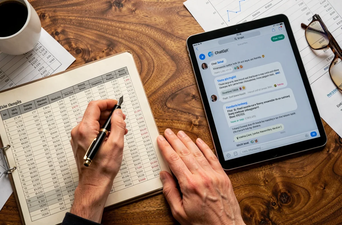 Contraste entre analyse financière manuscrite et réponse générée par ChatGPT sur tablette, vue de dessus sur bureau en bois