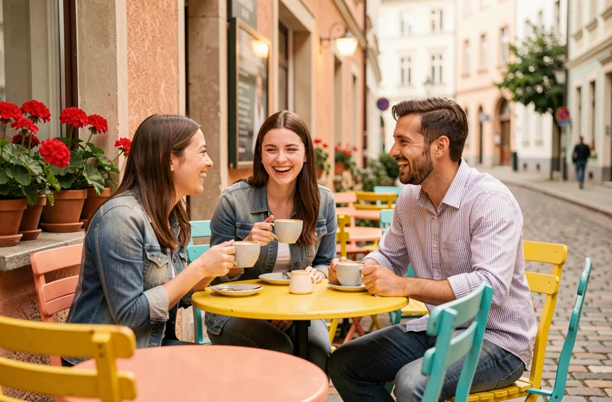 Groupe d'amis riant autour d'un café en terrasse colorée, entourés de mobilier jaune et turquoise, symbolisant les couleurs du bonheur