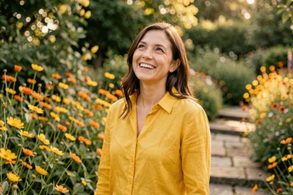 Femme souriante vêtue d'un chemisier jaune au milieu de fleurs colorées dans un jardin botanique, illustrant la couleur qui rend heureux