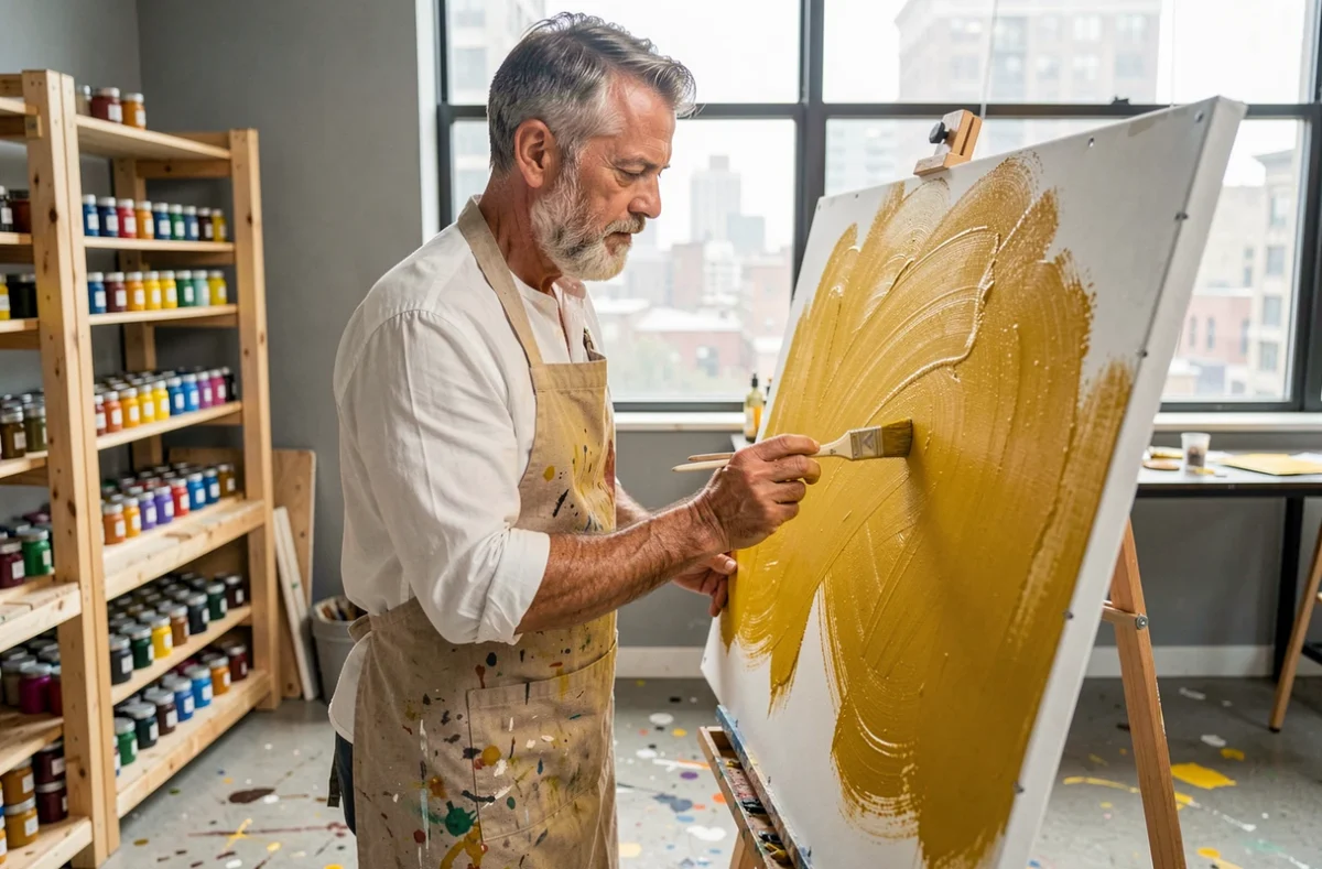 Artiste peintre en plein travail appliquant une touche de peinture jaune vif sur une toile dans un atelier, représentant la couleur associée au bonheur