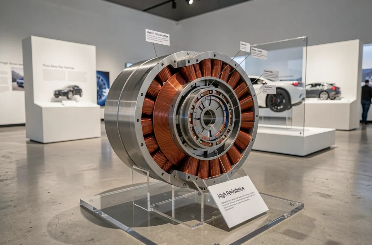 Coupe transversale d'un moteur électrique exposée dans un musée scientifique moderne avec composants détaillés