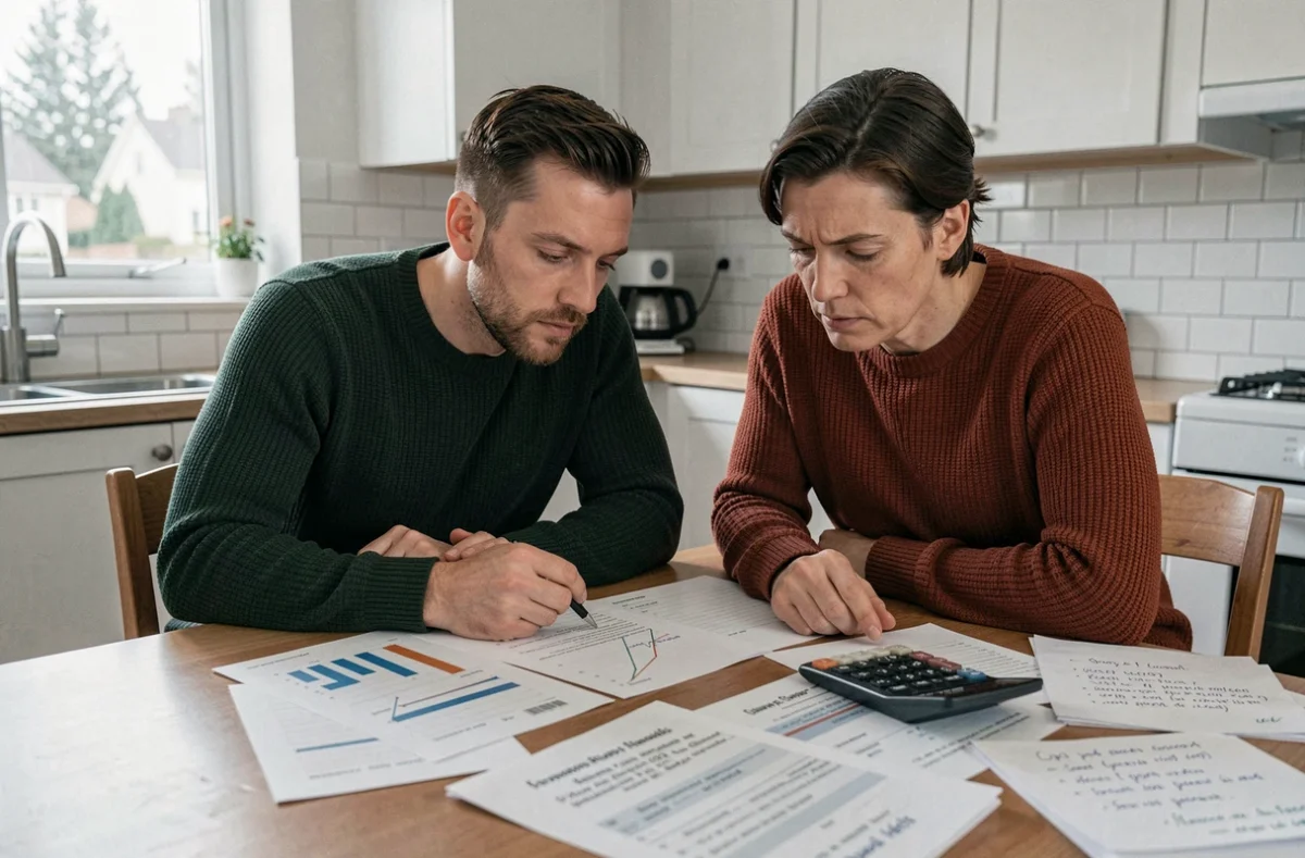 Couple analysant ensemble des graphiques financiers à la cuisine, représentant les risques associés à l'épargne personnelle