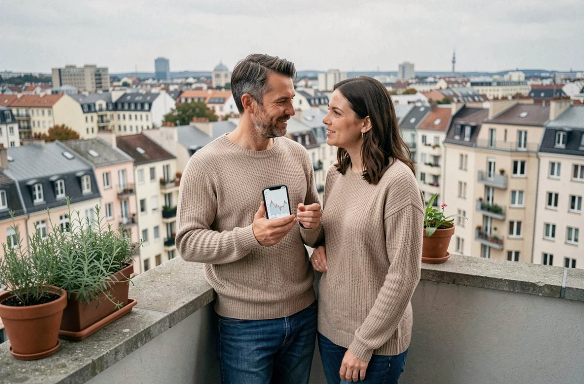 Couple de propriétaires sur un balcon urbain consultant des données de marché immobilier sur smartphone avant de revendre leur appartement