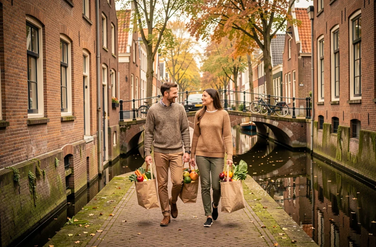 Un couple se promène le long d'un canal hollandais en automne avec des sacs de marché, incarnant le slow travel comme mode de vie ancré dans la culture locale
