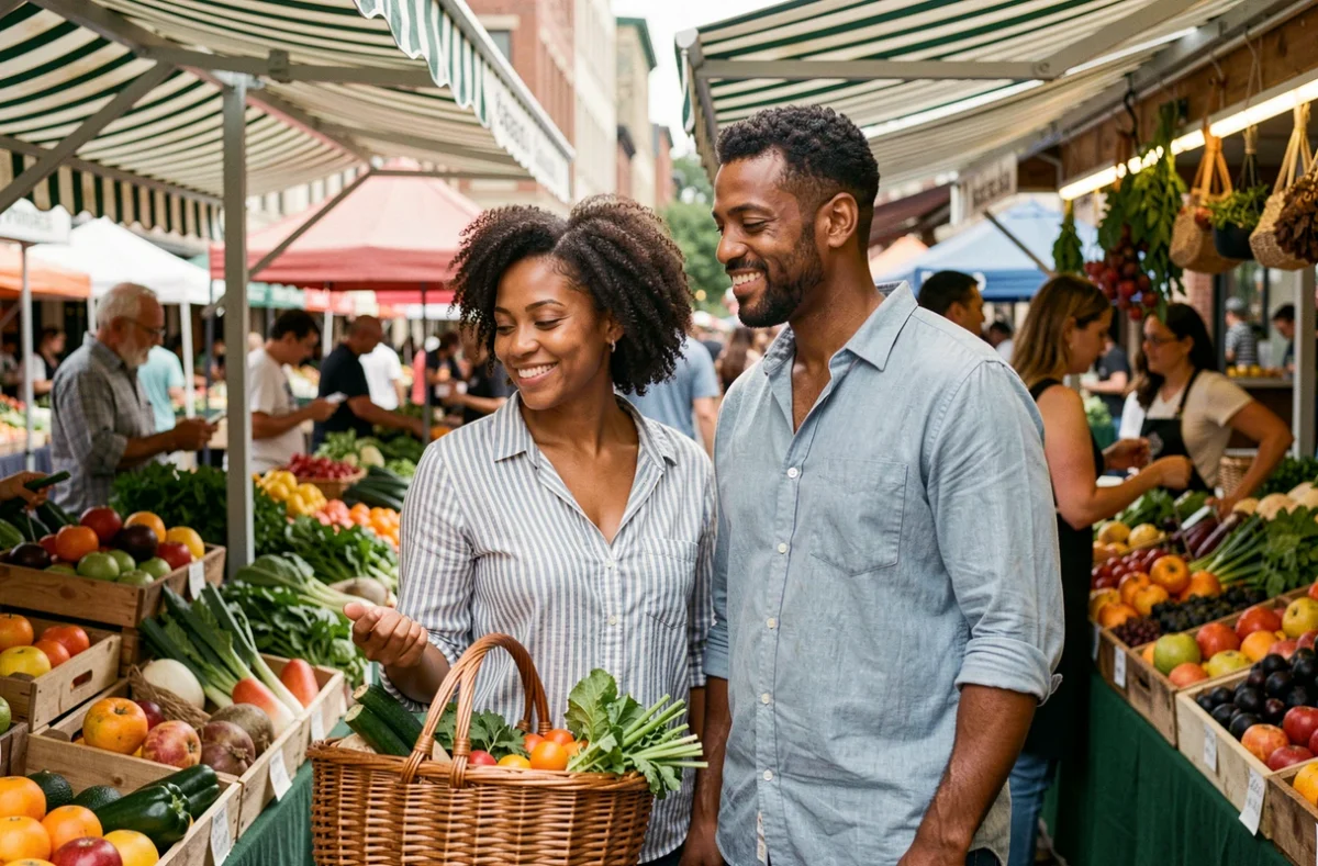 Couple mixte faisant leurs courses ensemble dans un marché de quartier animé, symbole de diversité familiale