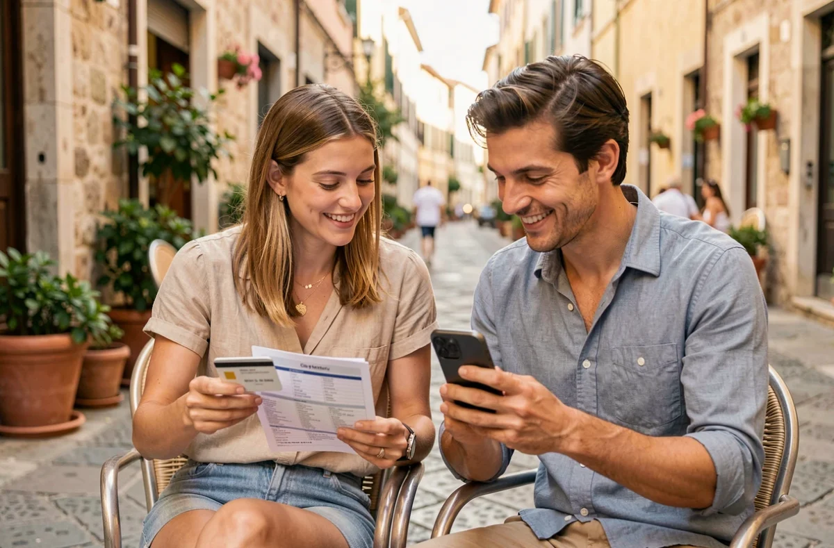 Couple planifiant leurs vacances avec une carte de crédit dans un café en terrasse à l'étranger