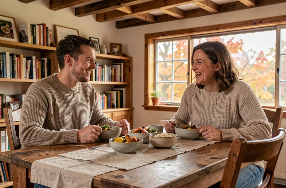 Couple partageant un repas végétal équilibré à une table en bois, illustrant les bienfaits d'une alimentation durable sur la santé