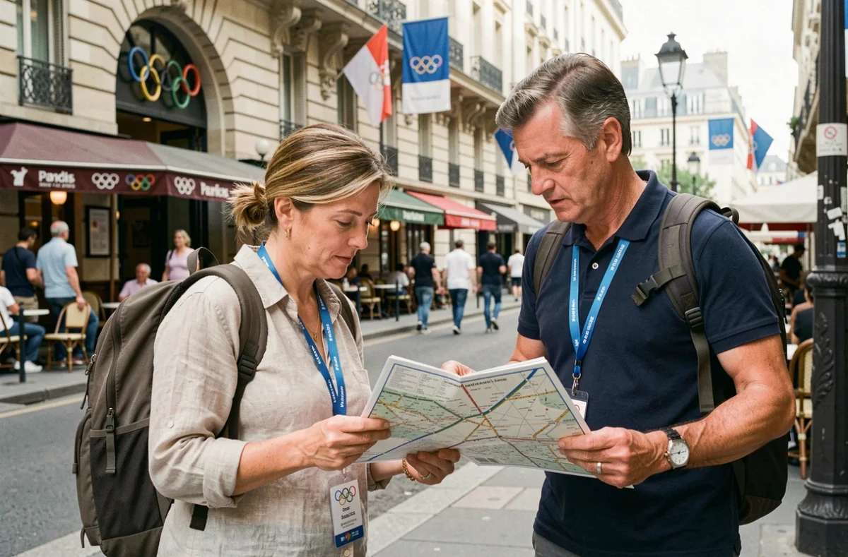 Couple de touristes consultant un plan du métro parisien lors des Jeux Olympiques de Paris 2024