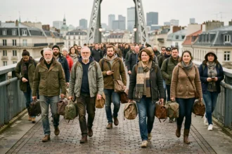 Groupe de migrants adultes traversant un pont urbain en Europe, illustrant les courants migratoires contemporains