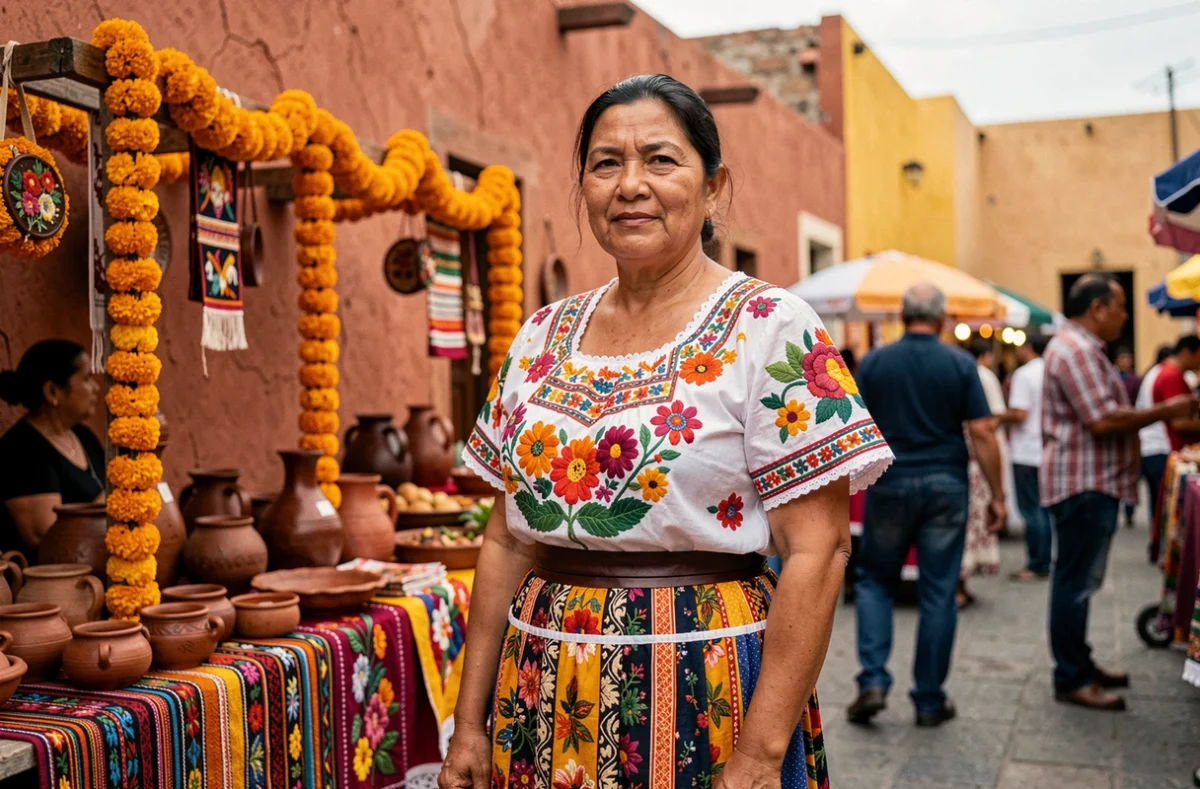 Femme en costume traditionnel mexicain devant un marché décoré lors du Día de los Muertos à Oaxaca