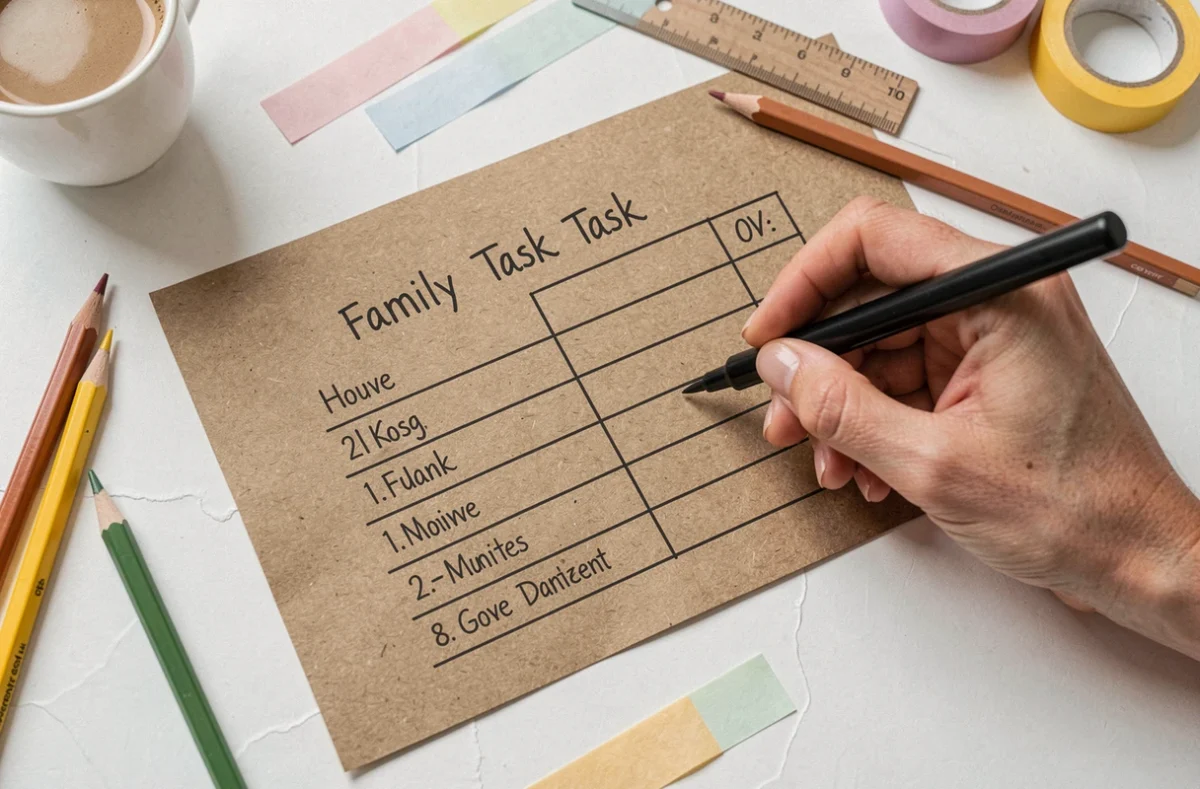 Vue de dessus d'un tableau des tâches familiales dessiné à la main sur papier kraft avec des fournitures créatives