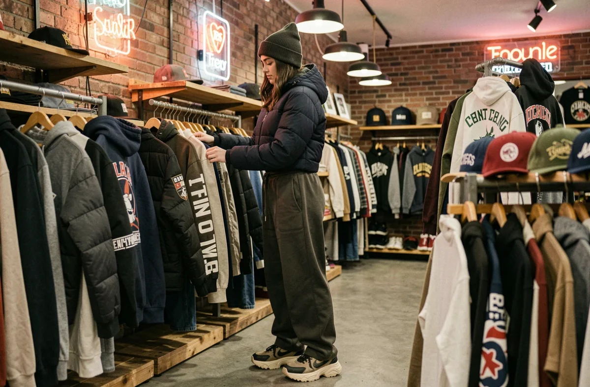 Jeune femme en streetwear — puffer jacket, joggers et sneakers plateformes — explorant les rayons d'une boutique streetwear vintage à l'intérieur