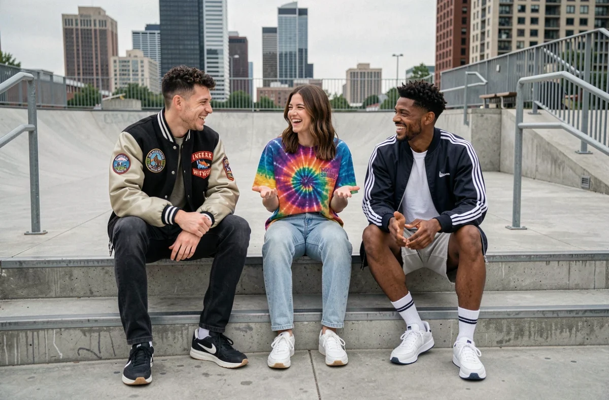 Groupe de trois amis en tenues streetwear variées — veste varsity, tee-shirt tie-dye et survêtement — réunis sur les marches d'une plaza urbaine avec skate park en arrière-plan