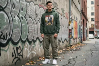 Jeune homme en tenue streetwear — hoodie oversize, cargo pants et sneakers blanches — posant devant un mur de graffitis dans une ruelle urbaine