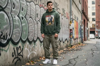 Jeune homme en tenue streetwear — hoodie oversize, cargo pants et sneakers blanches — posant devant un mur de graffitis dans une ruelle urbaine
