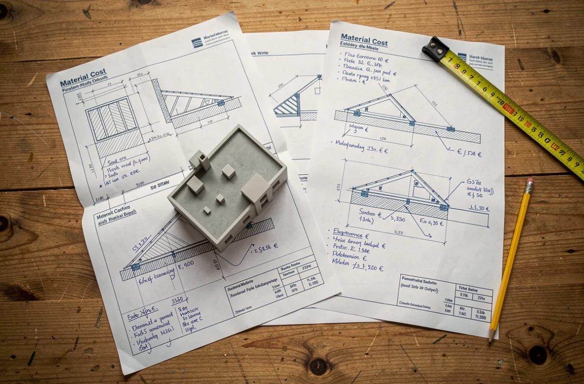 Plans et devis de construction d'un toit plat posés sur une table de travail, illustrant le coût et la planification d'une toiture plate