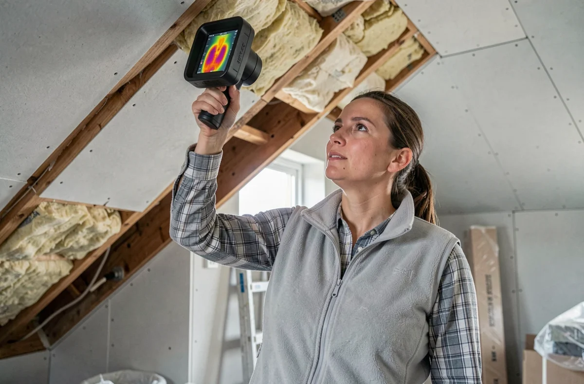 Conseillère en rénovation énergétique utilisant une caméra thermique pour évaluer l'isolation d'un grenier aménagé