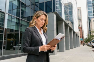 Directrice d'une grande société immobilière devant un immeuble de bureaux moderne en verre et acier