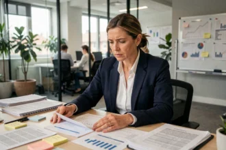 Dirigeante d'entreprise analysant des documents financiers dans un bureau moderne, illustrant les défis économiques des entreprises