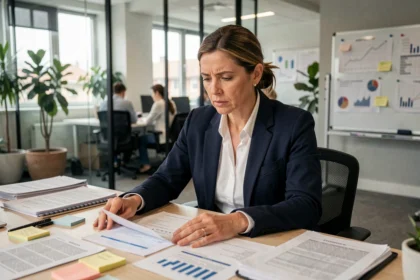 Dirigeante d'entreprise analysant des documents financiers dans un bureau moderne, illustrant les défis économiques des entreprises