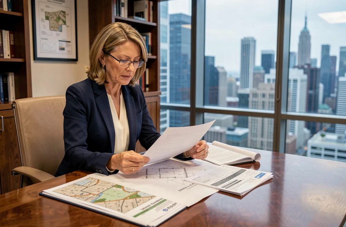 Femme dirigeante analysant des documents immobiliers dans une salle de réunion avec vue sur la ville