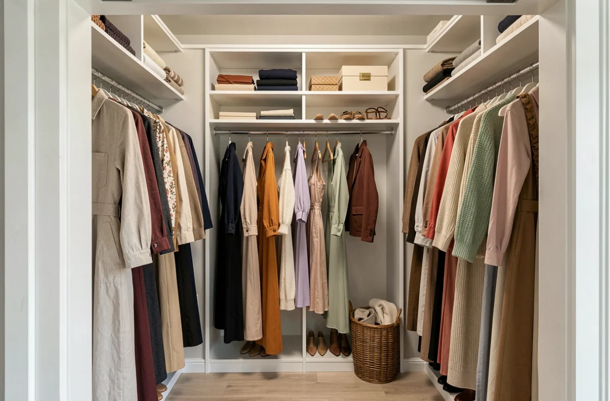 Dressing bien rangé avec des robes organisées par couleur sur une tringle double