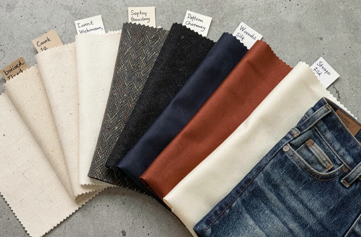 Échantillons de textiles variés — coton, laine, soie et denim — disposés en éventail sur béton gris