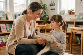 Éducatrice bienveillante se mettant à la hauteur d'une enfant pour regarder son dessin dans une salle de classe chaleureuse