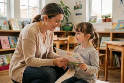 Éducatrice bienveillante se mettant à la hauteur d'une enfant pour regarder son dessin dans une salle de classe chaleureuse