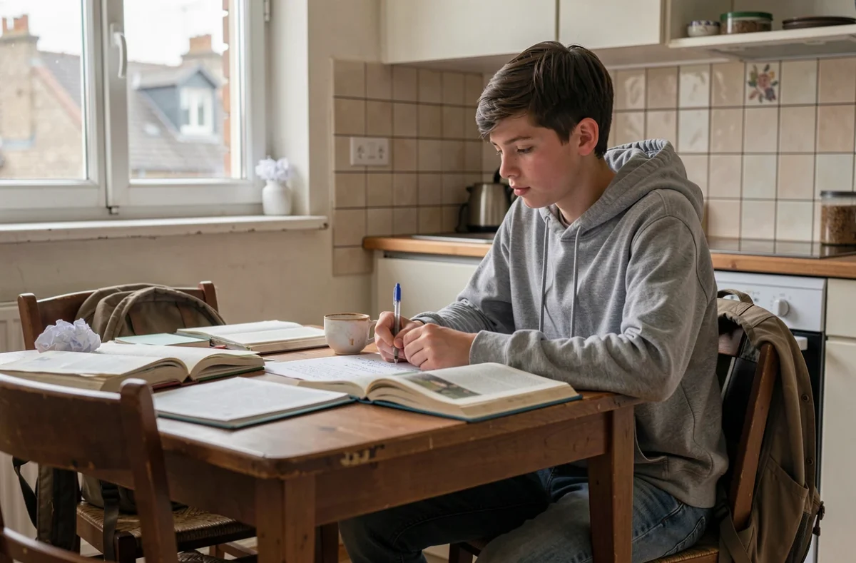 Adolescent faisant ses devoirs seul dans une cuisine modeste, symbolisant la pression scolaire en France