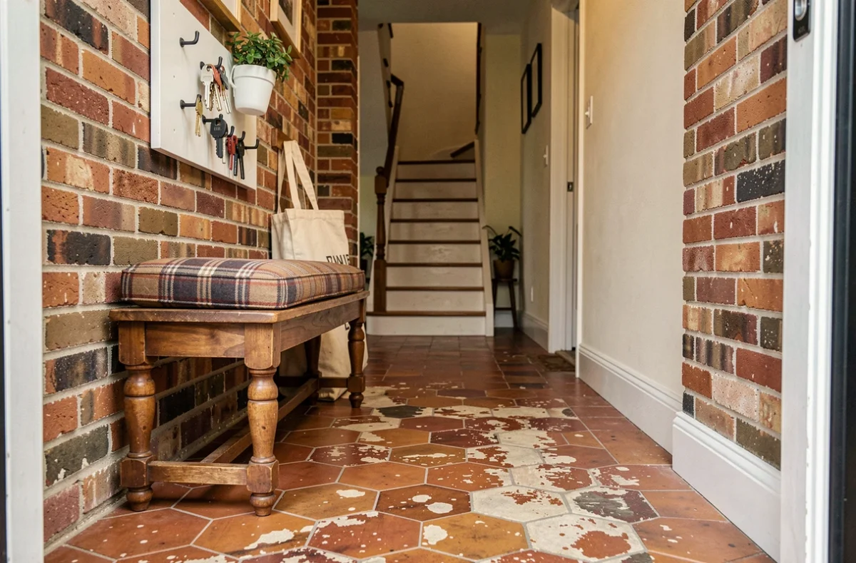 Entrée de maison avec banc en bois vintage, carreaux en terre cuite et mur en brique apparente