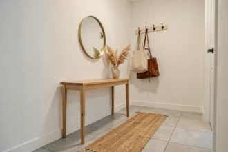 Entrée moderne avec console en chêne, miroir en laiton et tapis en jute dans un appartement contemporain