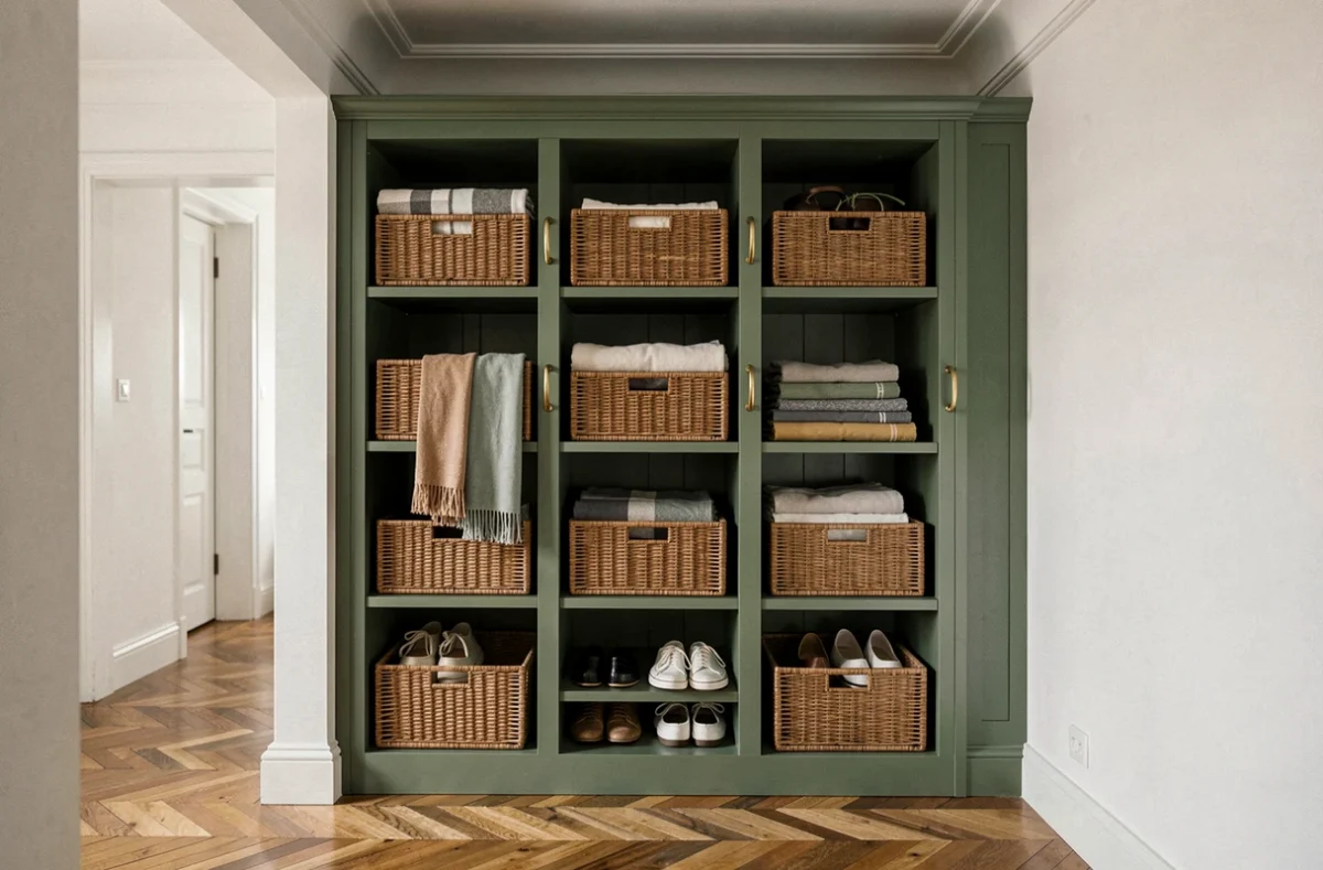 Rangements intégrés en bois peint vert sauge avec paniers tressés dans une entrée de style haussmannien