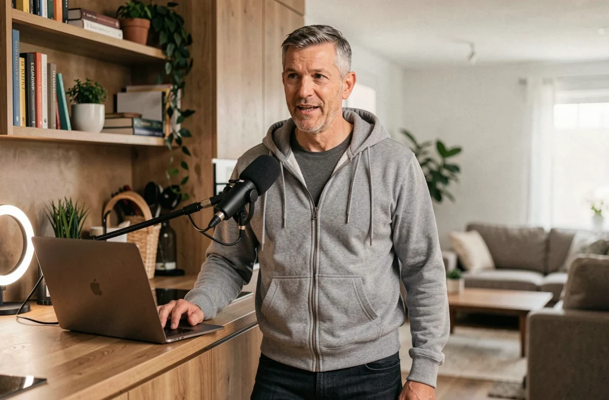 Entrepreneur indépendant enregistrant un podcast depuis son bureau à domicile