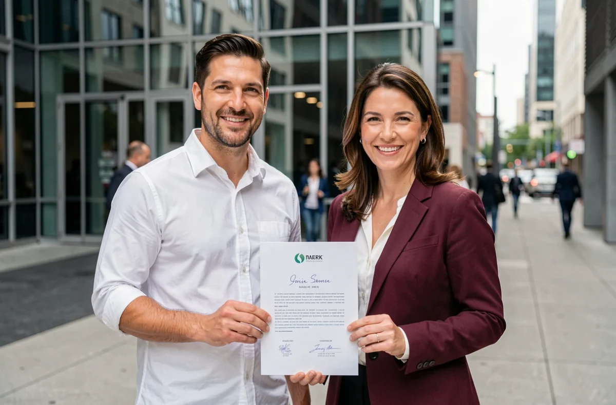 Deux entrepreneurs debout devant un immeuble moderne tenant un document signé symbolisant leur partenariat stratégique