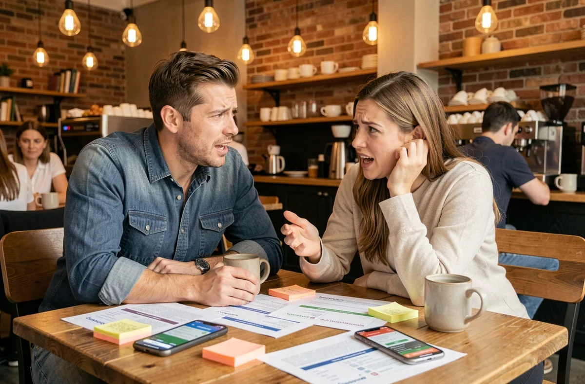 Deux entrepreneurs startup en discussion animée autour de documents fintech et d'applications de paiement dans un café urbain, illustrant la concurrence intense du secteur