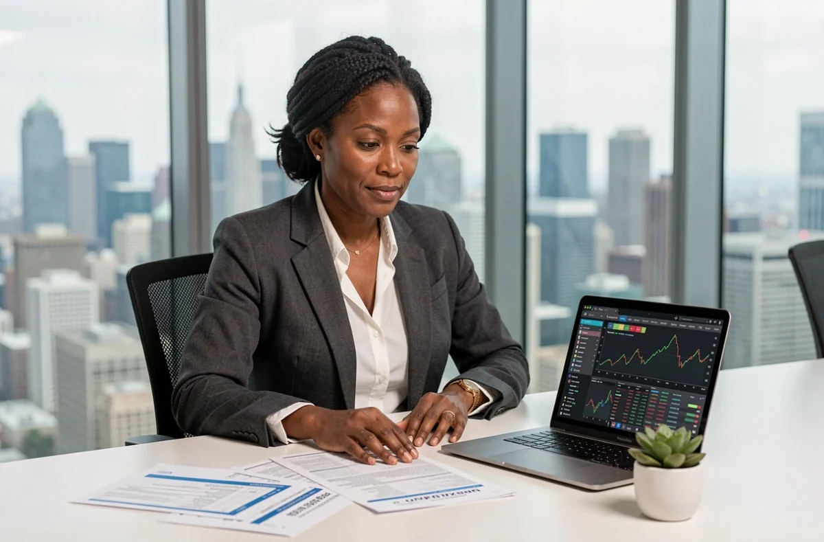 Femme entrepreneure examinant des données de transactions blockchain dans une salle de conférence moderne