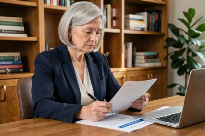 Femme de 50 ans assise à un bureau en bois consultant ses documents d'épargne et de finances personnelles