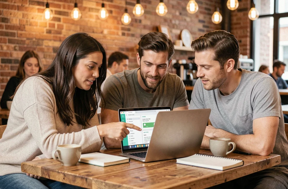 Une équipe collaborative discutant d'une interface CRM sur un ordinateur portable dans un espace de travail café-moderne, symbolisant l'adoption numérique collective en PME