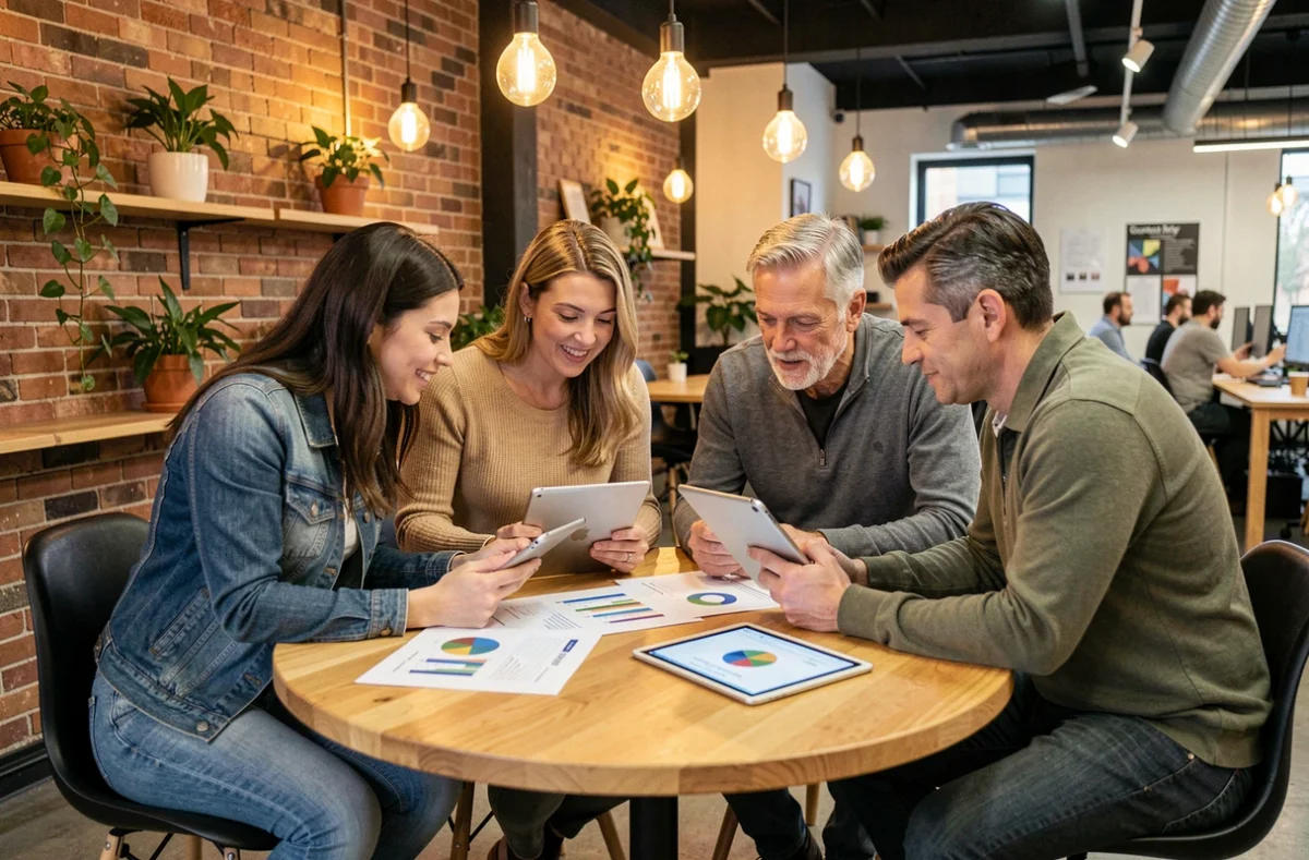 Équipe diversifiée collaborant autour d'une table en bois dans un espace de co-working, illustrant l'importance du partenariat