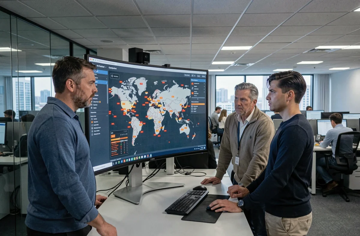 Équipe de professionnels en cybersécurité analysant une carte des menaces en temps réel dans un centre opérationnel