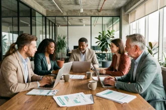 Équipe multiculturelle en réunion autour d'une table de conférence dans un bureau moderne, illustrant la diversité au travail