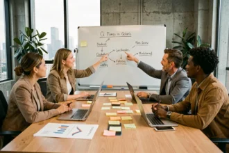 Équipe de professionnels définissant des objectifs collaboratifs autour d'une table de réunion avec un tableau blanc