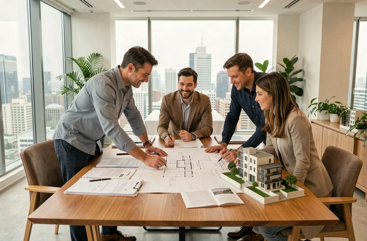 Équipe de professionnels de l'immobilier étudiant des plans et maquettes dans une salle de réunion d'entreprise