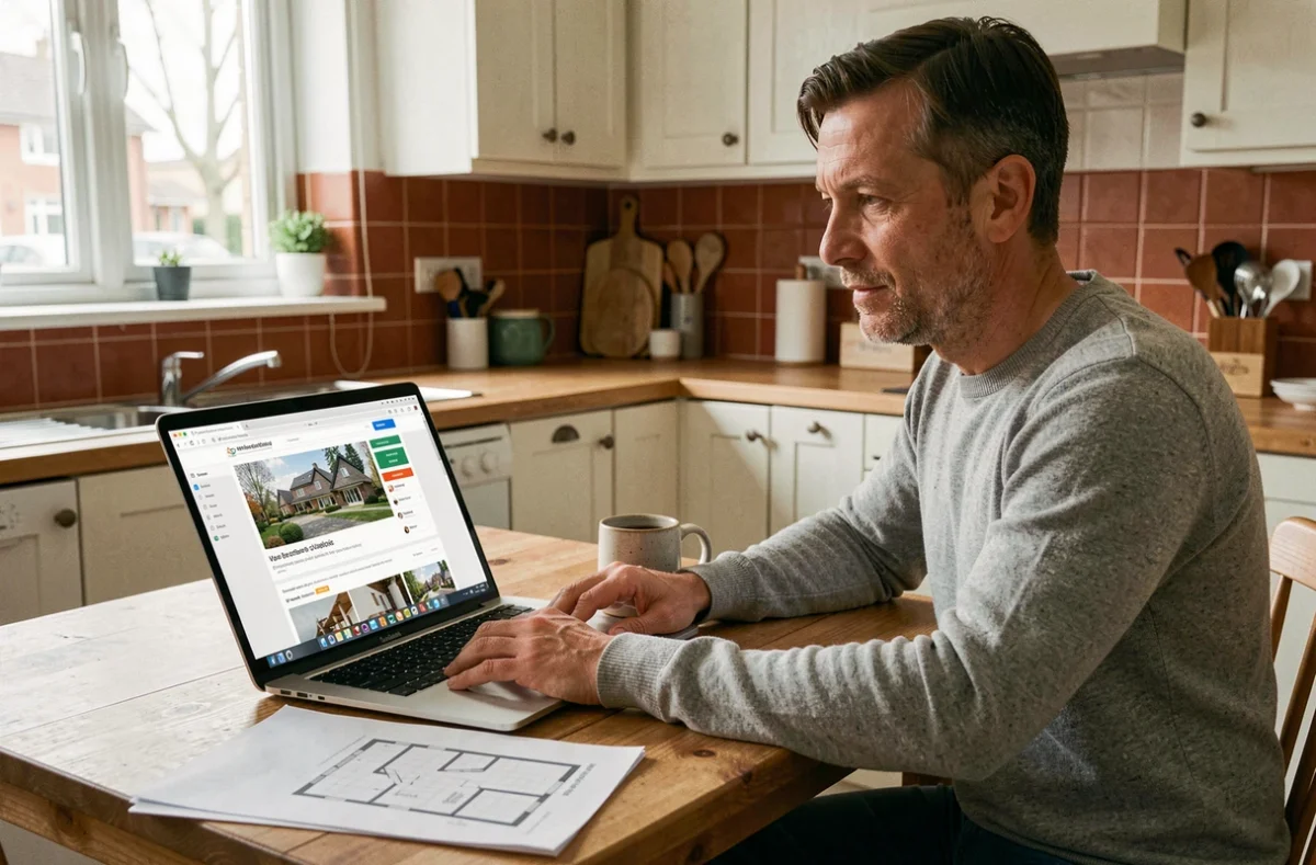 Propriétaire consultant un site d'estimation immobilière gratuite sur son ordinateur dans sa cuisine