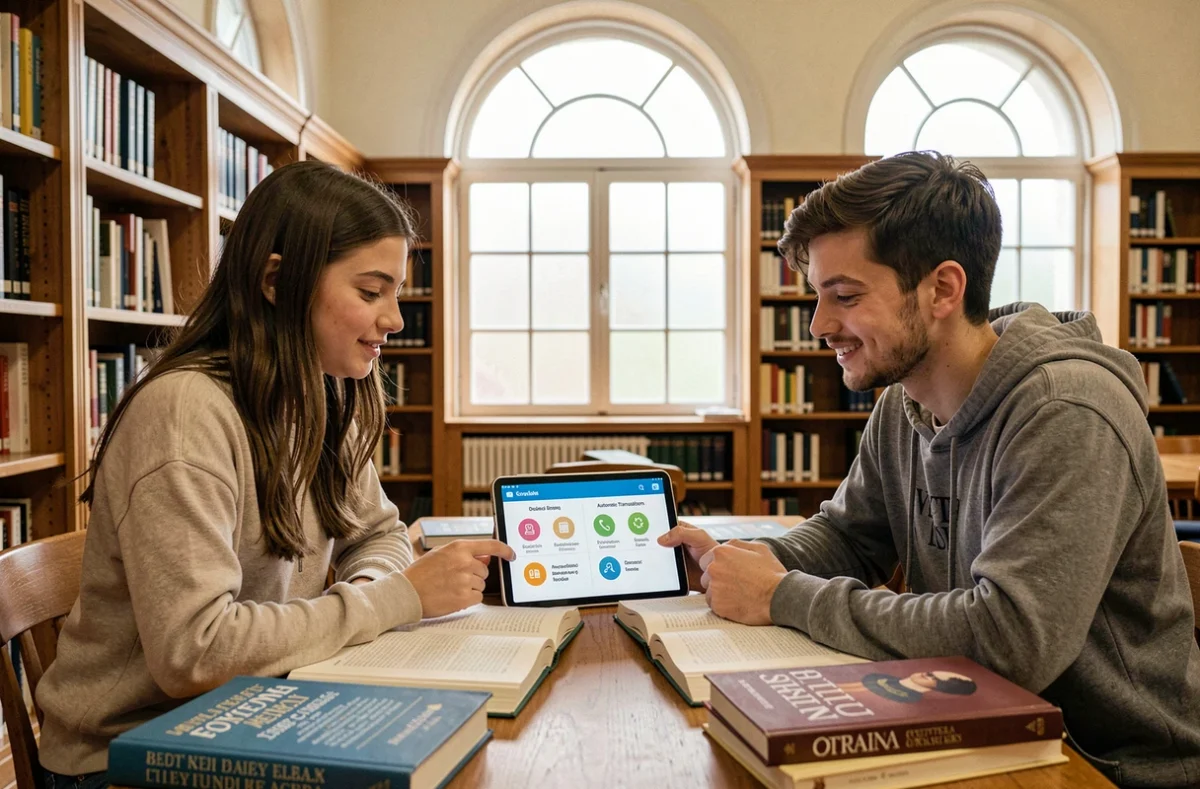 Deux étudiants comparant des outils de traduction automatique sur une tablette dans une bibliothèque universitaire
