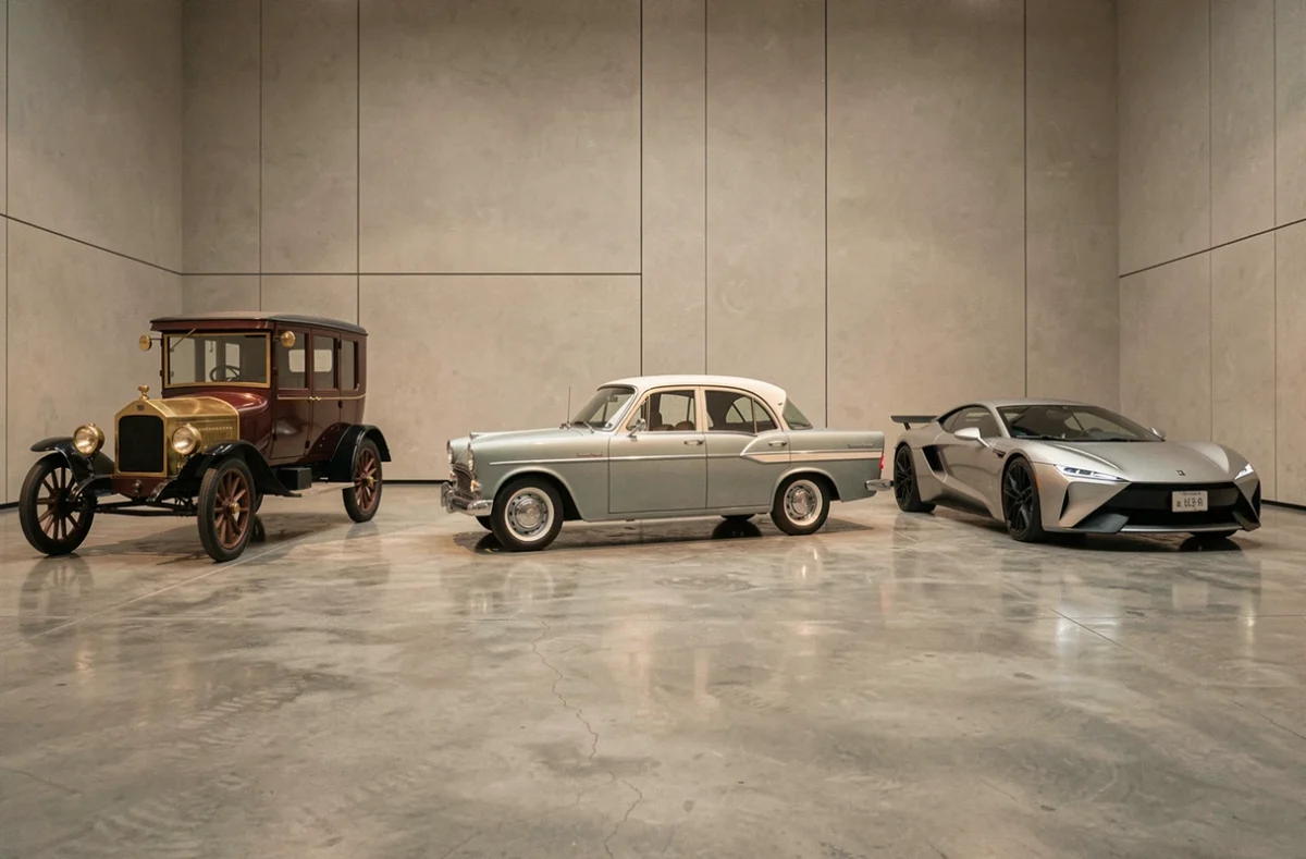 Exposition muséale de trois voitures d'époques différentes illustrant l'évolution historique de l'automobile